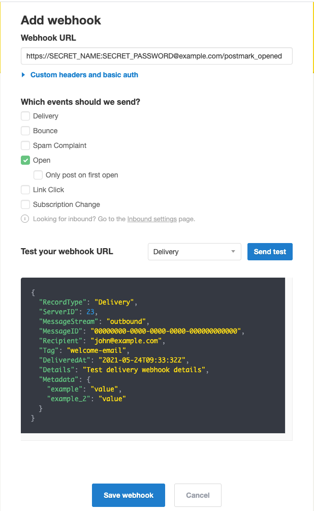 Postmark webhook configuration screen